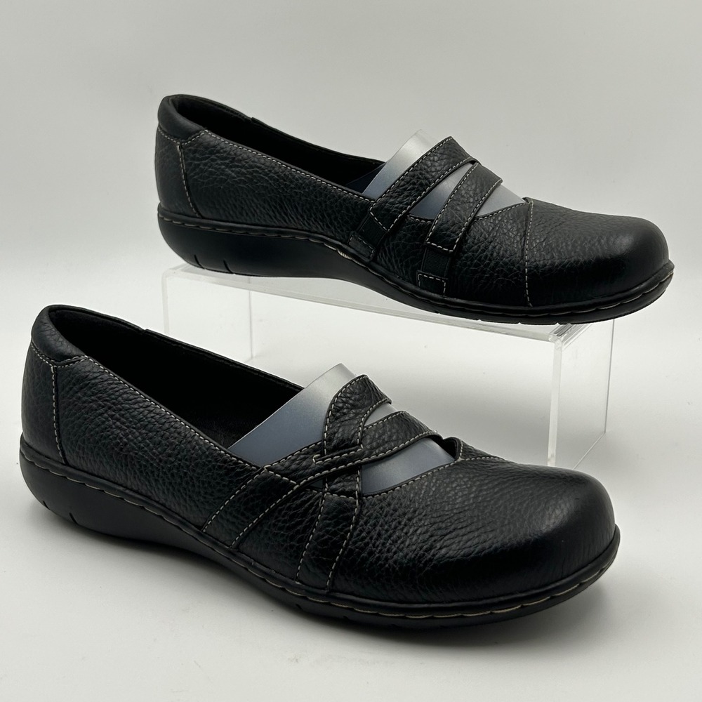 Clarks‎ Loafers Womens 8W Black Leather Bendables Strappy Comfort Career Shoes